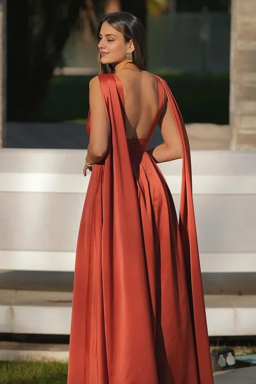Formal Wear Dresses Elegant Simple Red V-Neck Pleated Long Prom Dress with Split Evening Dresses Prom Dresses Stores